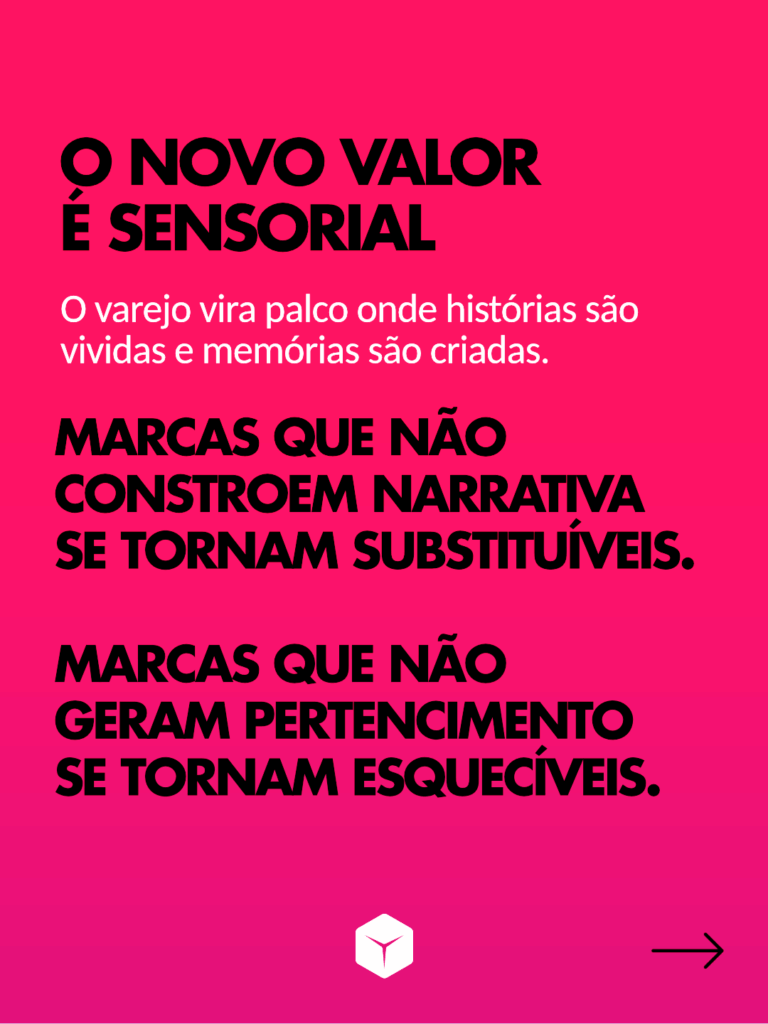 O novo valor é sensorial
O varejo vira palco onde histórias são vividas e memórias são criadas.
Marcas que não constroem narrativa se tornam substituíveis.
Marcas que não geram pertencimento se tornam esquecíveis.