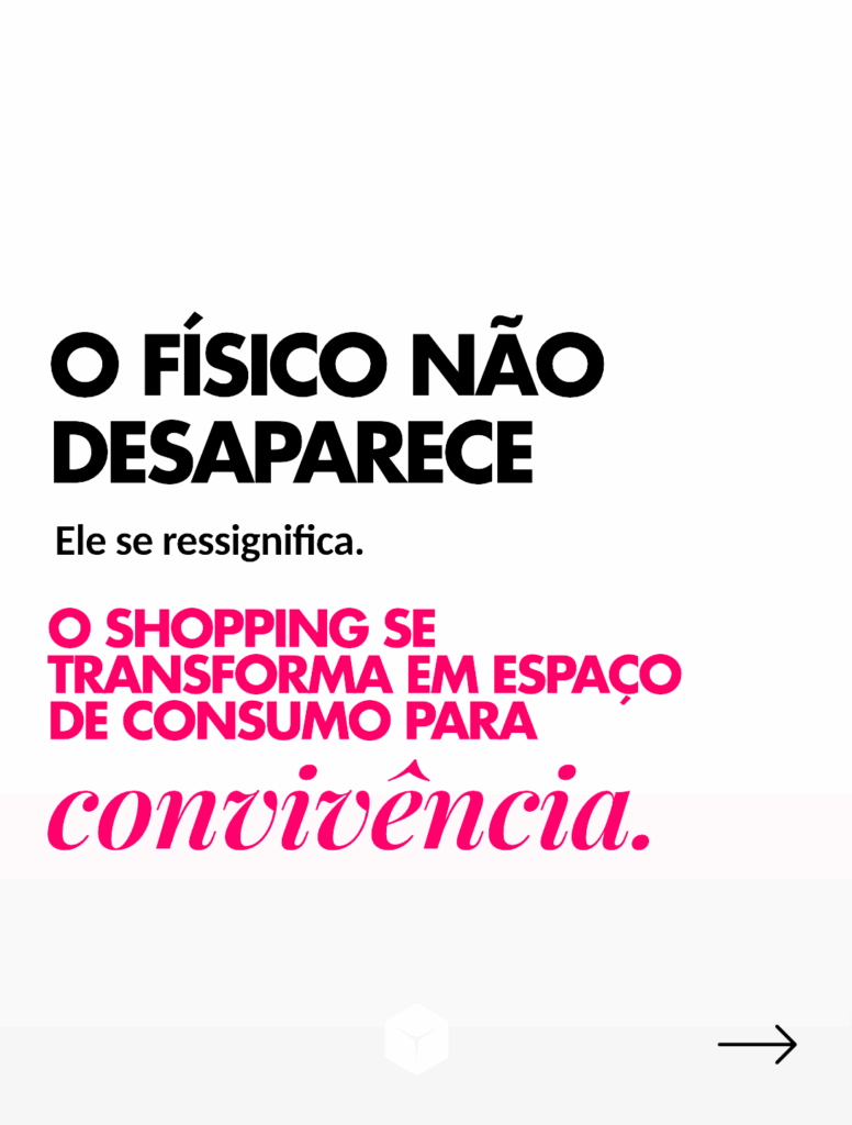 O físico não desaparece
Ele se ressignifica.O shopping se transforma em espaço de consumo para convivência.